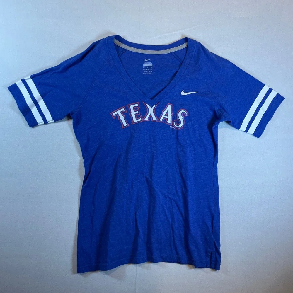 Nike Texas Rangers Women's V-Neck T-Shirt Royal Blue‎ Striped Sleeves - Size L